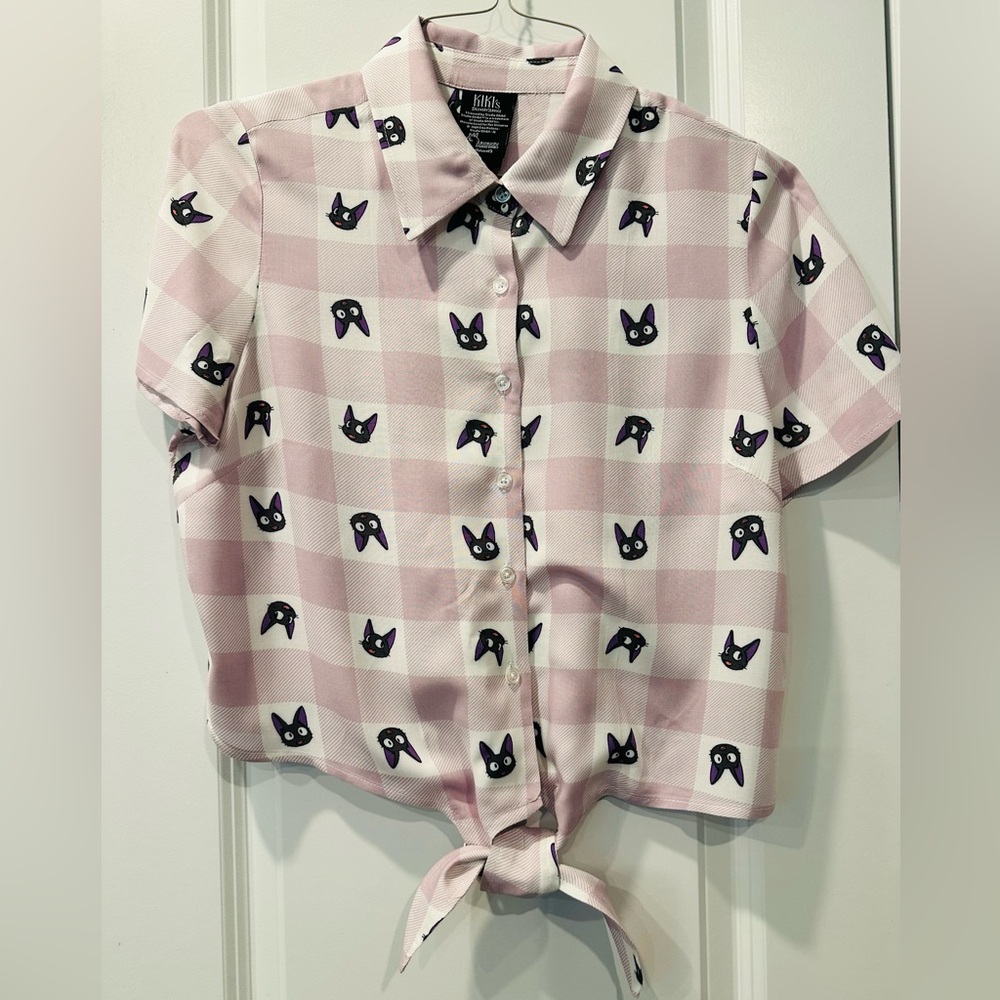 Studio Ghibli Kiki’s Delivery Service Jiji Plaid Tie-Front CropTop, Size Small